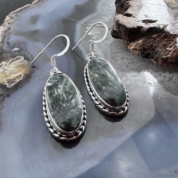 Sterling Southwestern Style Elongated Oval Serpentine Dangle Earrings For Women - Picture 4 of 10